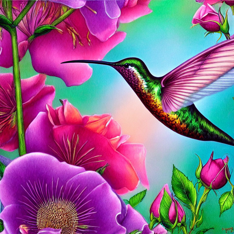 Colorful Hummingbird Illustration Among Pink and Violet Floral Blooms on Teal Background