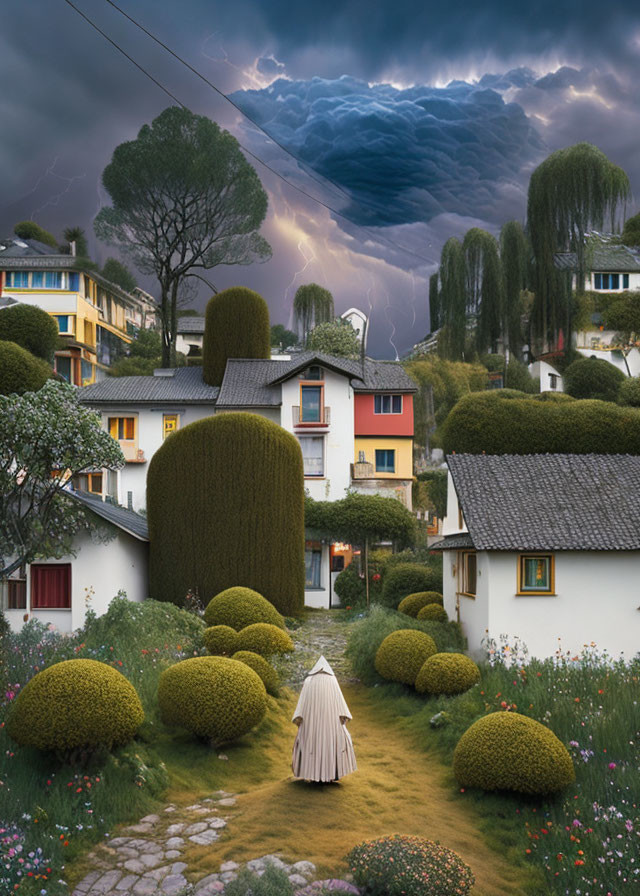 Person in white cloak walking towards houses under stormy sky with lightning