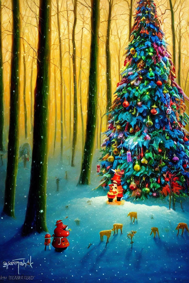 Vibrantly decorated Christmas tree in snowy forest with wildlife and Santa hat.