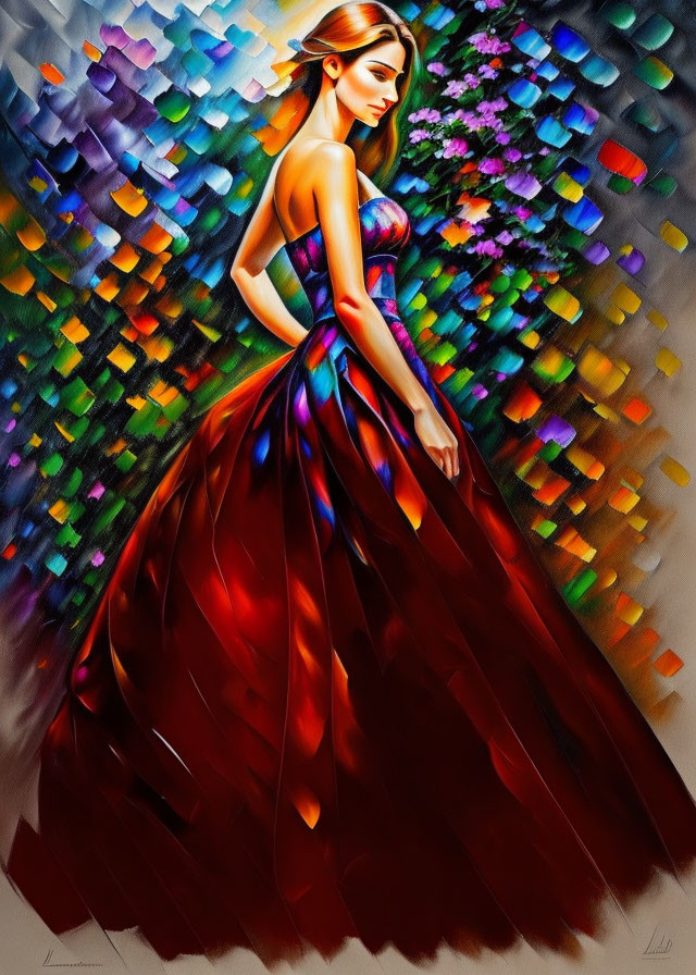 Colorful painting of woman in multicolored gown against abstract background