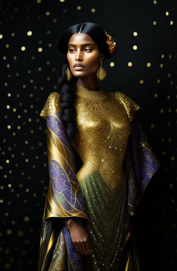 Dark-haired woman in celestial golden dress against dark background