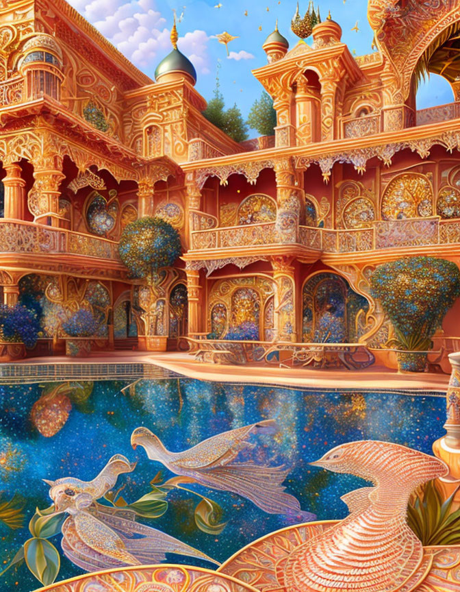 Fantastical palace with golden arches and mosaic peacocks beside serene pool