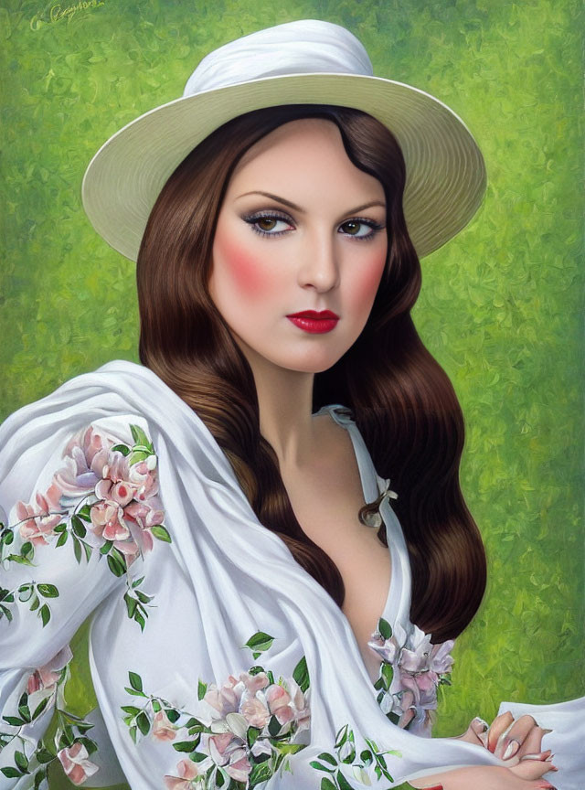 Portrait of woman with long brown hair, red lips, white hat, floral dress on green background