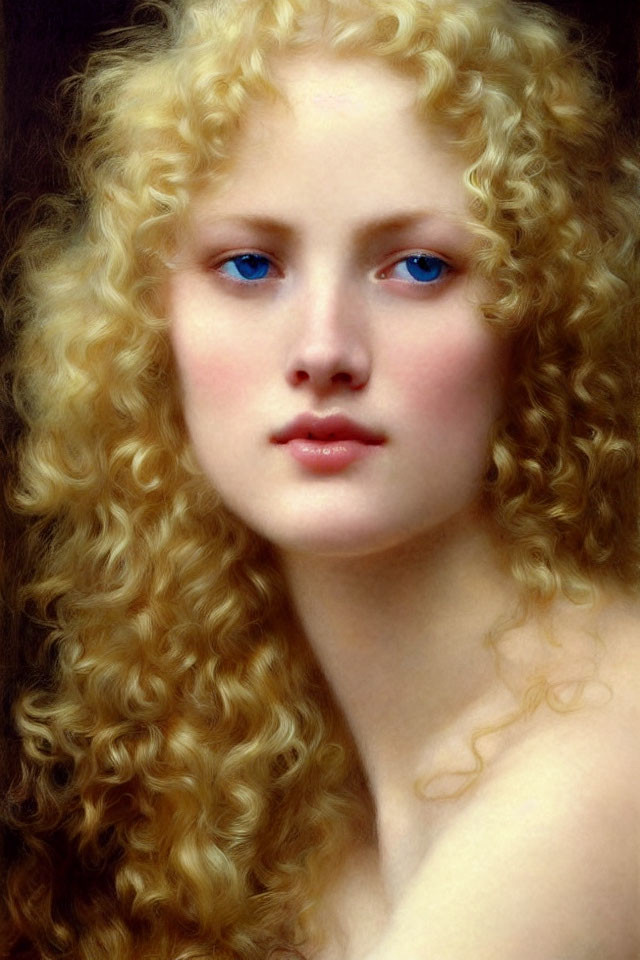 Blonde Curly-Haired Woman with Blue Eyes on Dark Background