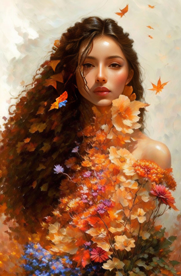 Woman with Long Wavy Hair Merged with Autumn Leaves, Flowers, Butterfly, Soft Lighting