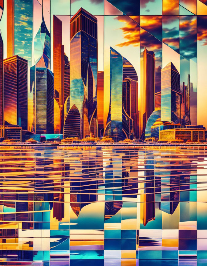 Colorful abstract collage of skyscrapers reflecting in water at sunset