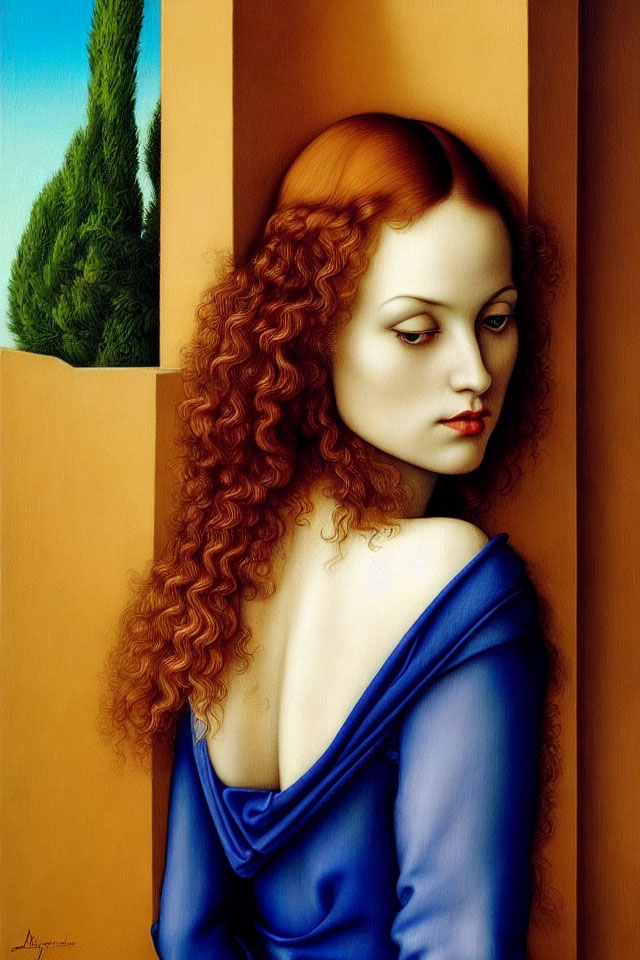 Woman with Curly Red Hair in Blue Dress Beside Cypress Tree