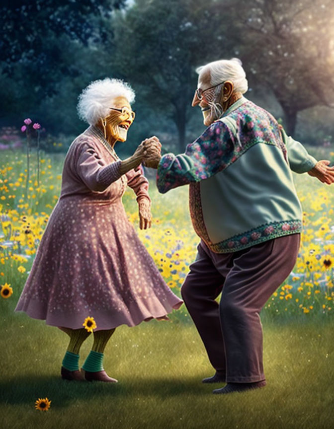 Elderly couple dancing in sunny field with flowers