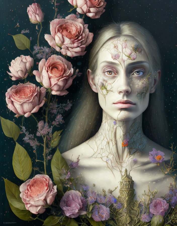 Surreal portrait with floral elements on pale skin