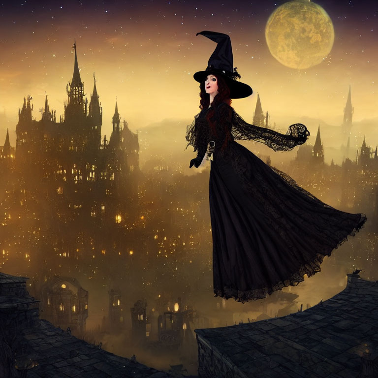 Witch in black dress and hat on building with magical castle and full moon