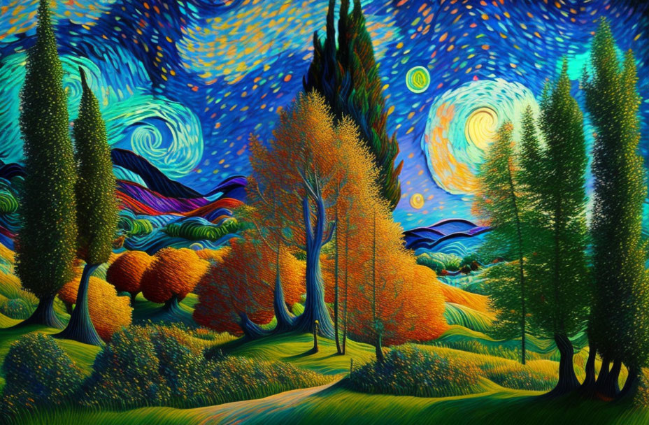 Colorful landscape with swirling skies and bright stars, inspired by Van Gogh.