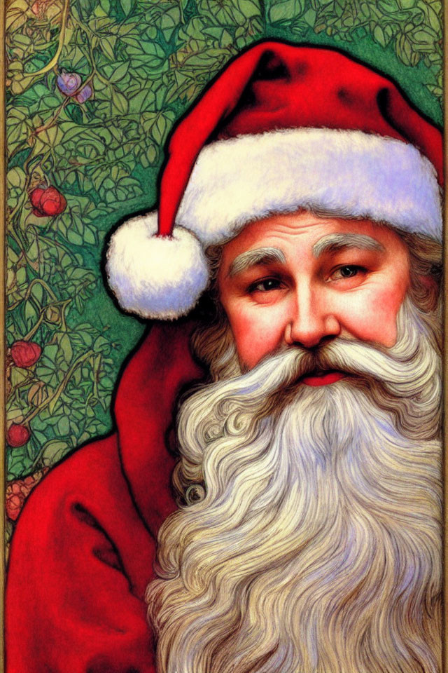 Santa Claus Illustration: White Beard, Red Hat, Christmas Background