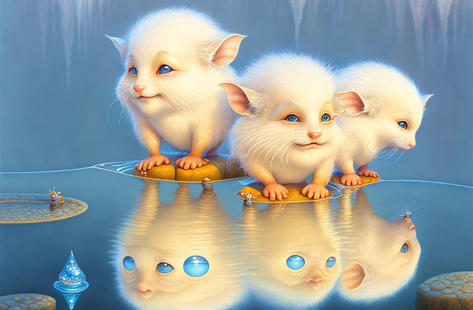 Three White Fluffy Creatures with Blue Eyes Reflected in Surreal Water