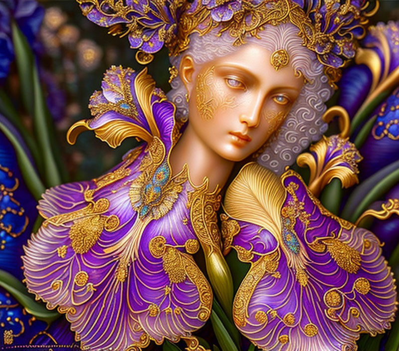 Detailed Digital Art Portrait of Woman in Purple and Blue with Golden Jewelry