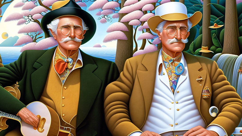 Vintage Attired Men with White Mustaches and Banjo in Colorful Setting