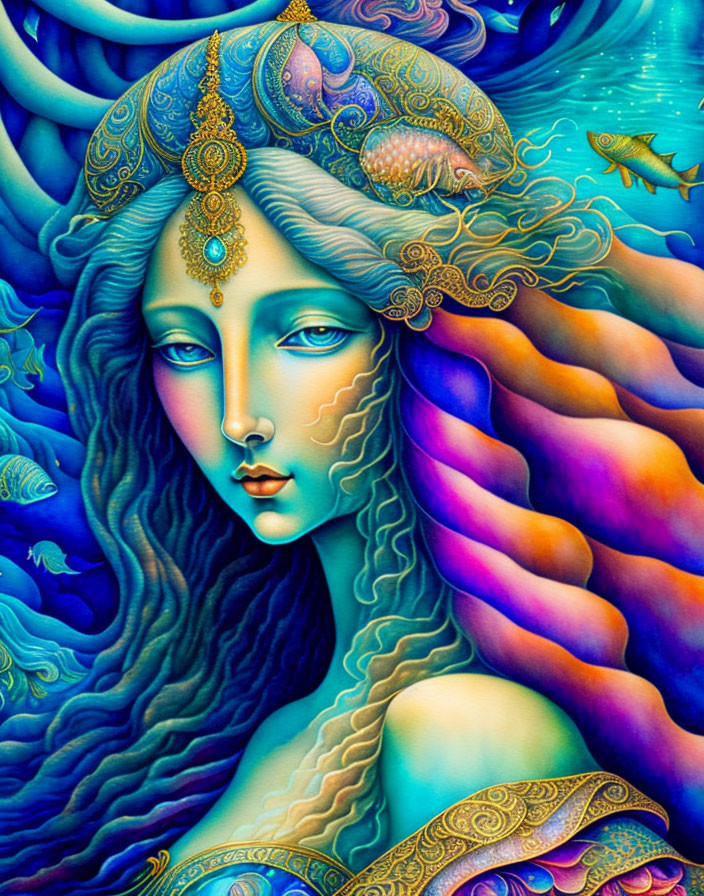 Colorful woman with sea-themed headpiece in mystical underwater scene