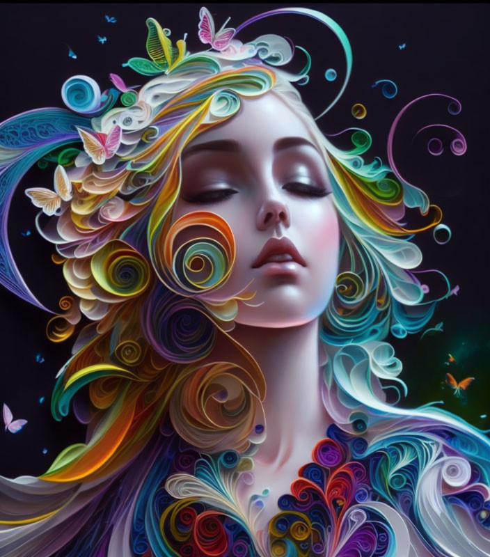 Vibrant digital artwork: Woman with flowing hair, curls, leaves, and butterflies