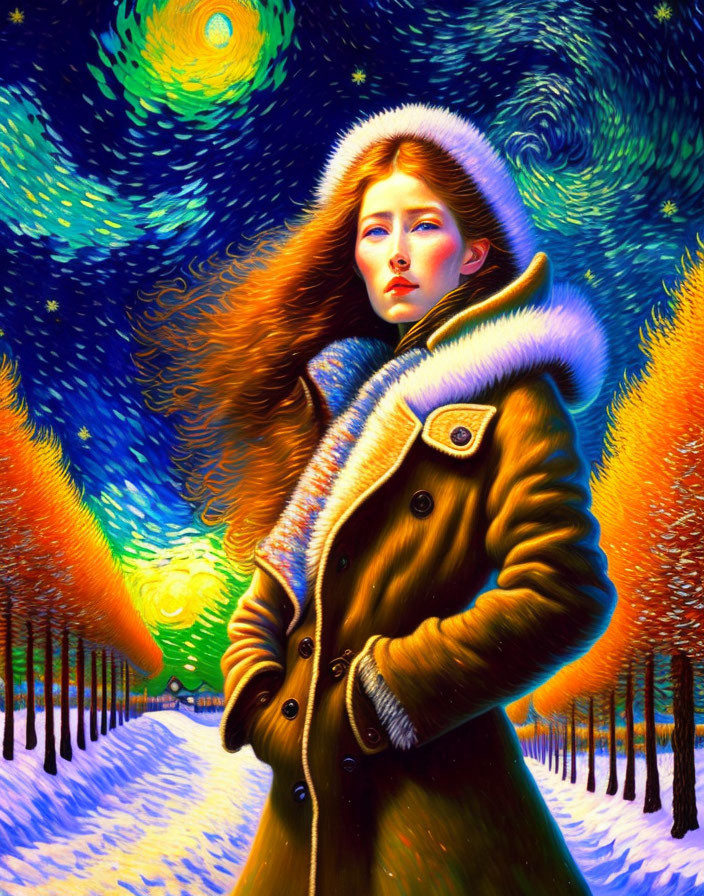 Young woman in winter coat under starry sky and trees reminiscent of Van Gogh.