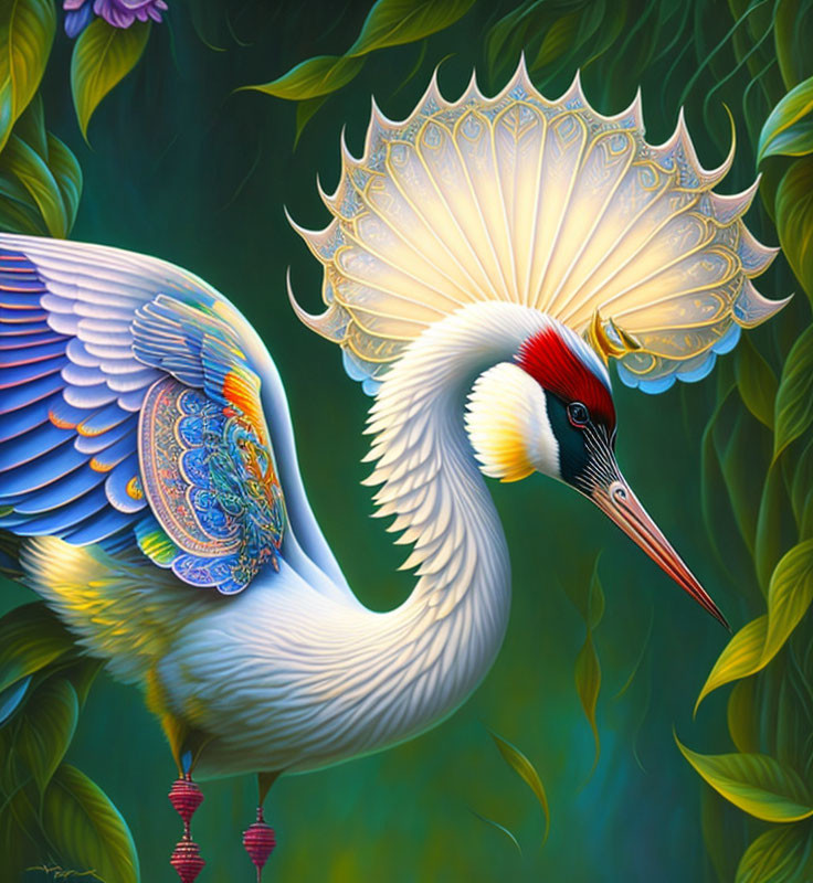 Detailed White Crane Image with Blue Wings & Ornate Pattern