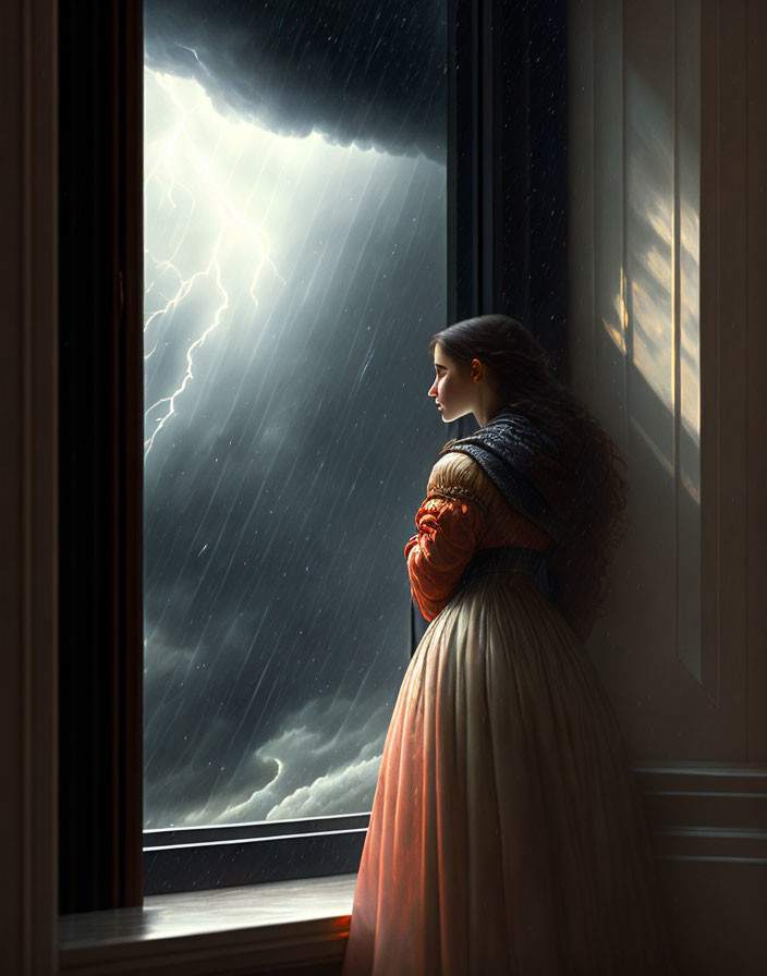 Vintage-dressed woman gazes out window at stormy night sky with lightning.