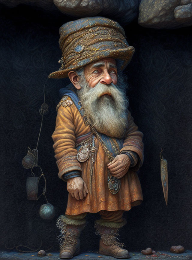 Elderly fantasy character with long beard and ornate attire