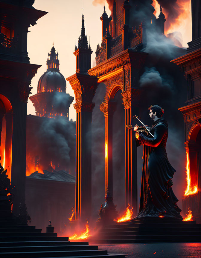 Man in dark cloak plays violin in flames near gothic structure at twilight