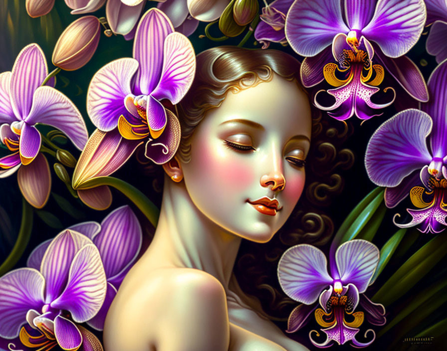 Digital Artwork: Woman with Serene Expression Surrounded by Vibrant Purple Orchids