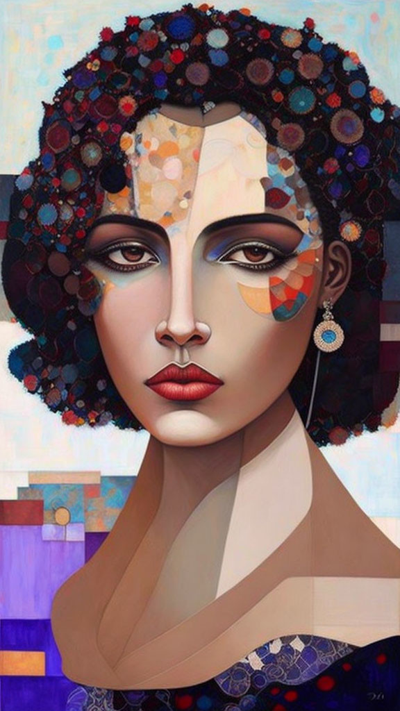 Abstract portrait of woman with colorful patterned hairdo and geometric shapes on face