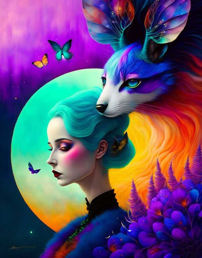 Surreal artwork: Woman with blue hair fused with multicolored fox surrounded by butterflies on cosmic