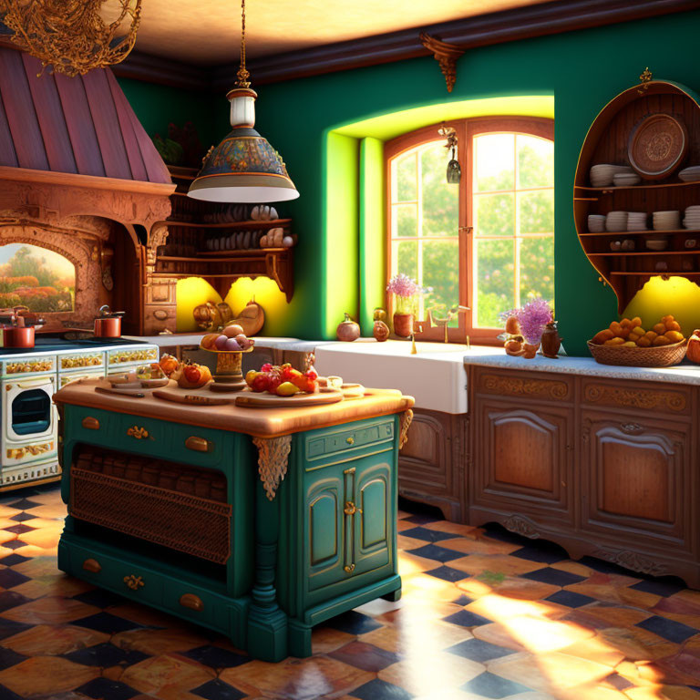 Vintage Kitchen with Green Wood Stove, Wooden Cabinets, Checkered Floor, Sunlit Window