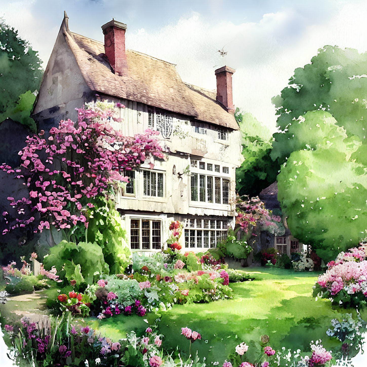 Charming cottage with pink flower facade in lush garden