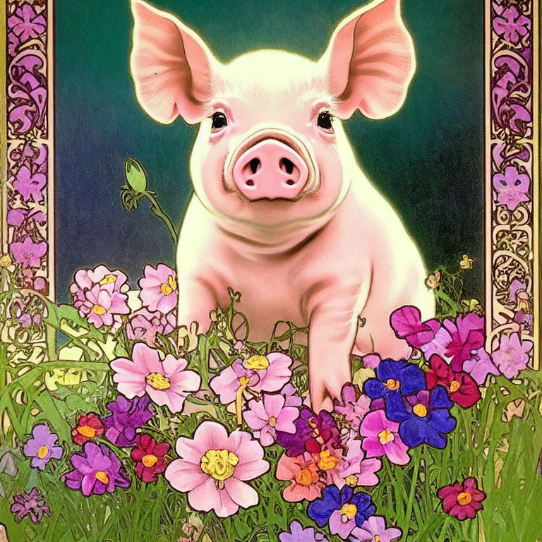 Colorful Art Nouveau Piglet Illustration with Wildflowers