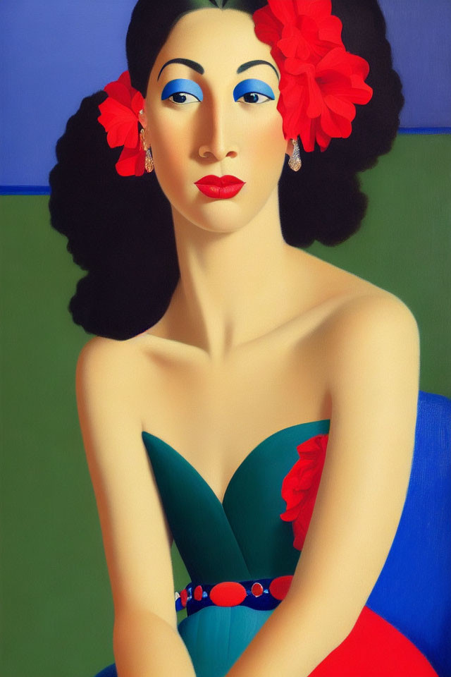 Stylized portrait of woman with red flowers, blue eyeshadow, green dress against blue-green