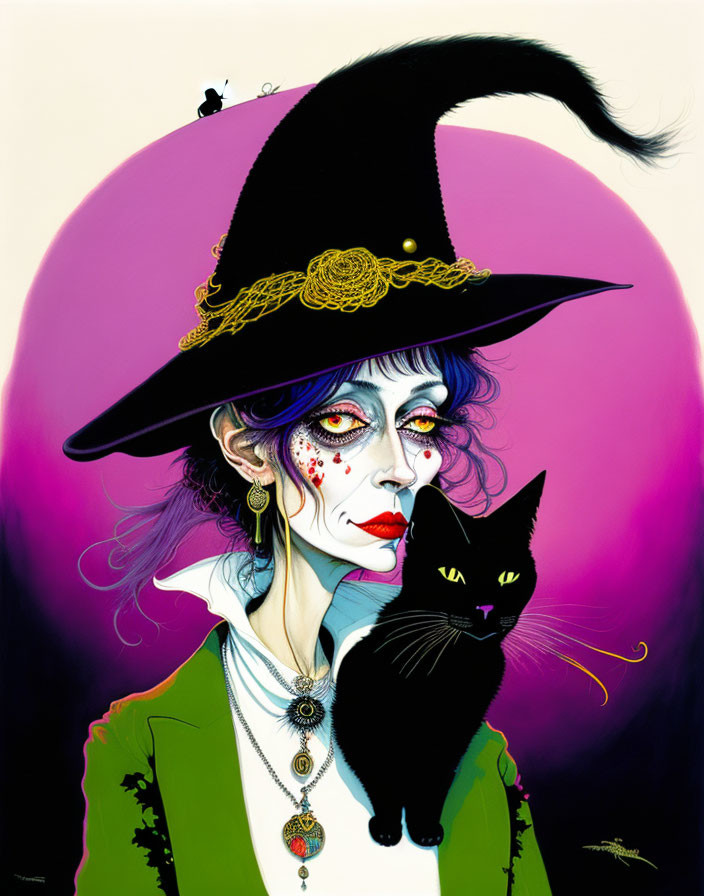 Pale-skinned witch with red accents holding a black cat on purple backdrop.