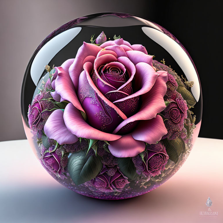 Vibrant purple roses in glass terrarium with bees - digital artwork