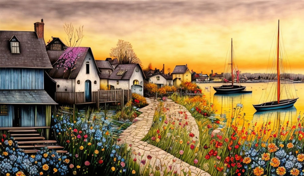 Vibrant sunset village painting with boats, cottages, and flower-lined path