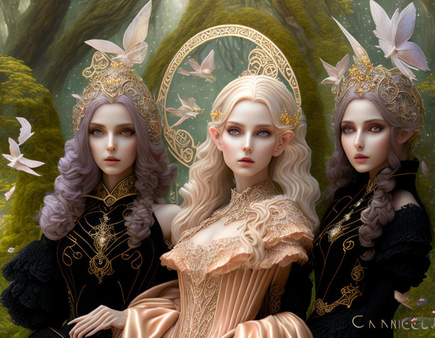 Three regal fantasy characters in golden crowns and elegant attire amidst lush greenery and delicate butterflies.