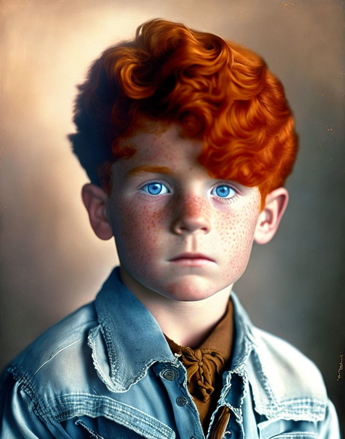 Young person with red hair, blue eyes, freckles, denim shirt, and brown scarf