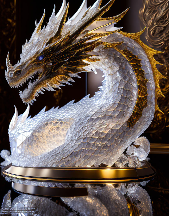 Detailed White Dragon Sculpture with Golden Accents and Intricate Scales