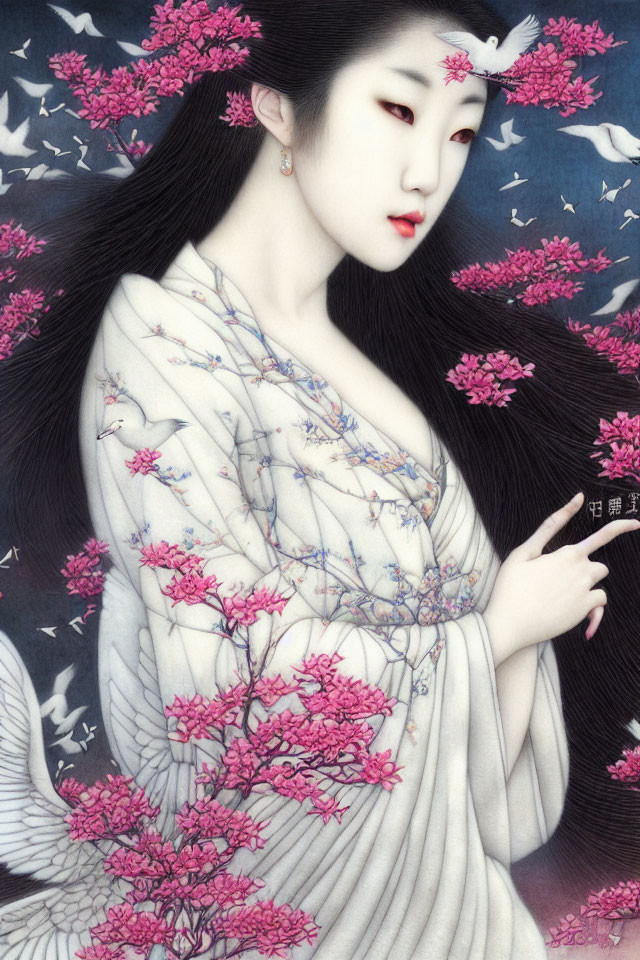 Illustration of woman with black hair and pink blossoms, in floral robe under night sky