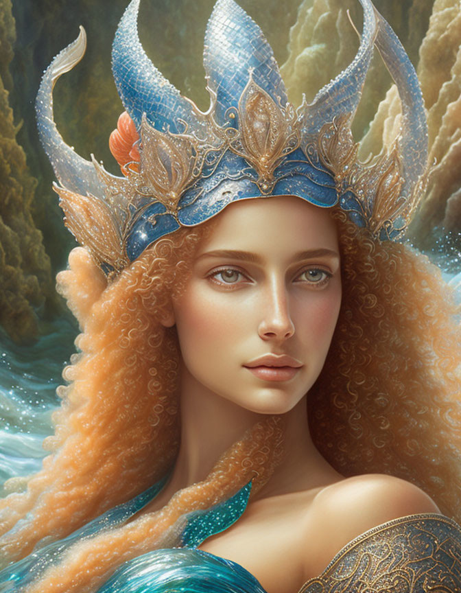 Fantasy illustration of woman with curly hair in ornate blue headdress.