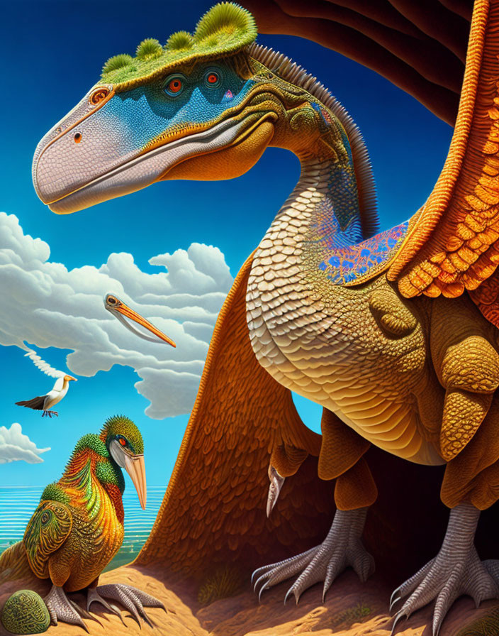 Feathered dinosaurs in vibrant colors under a blue sky