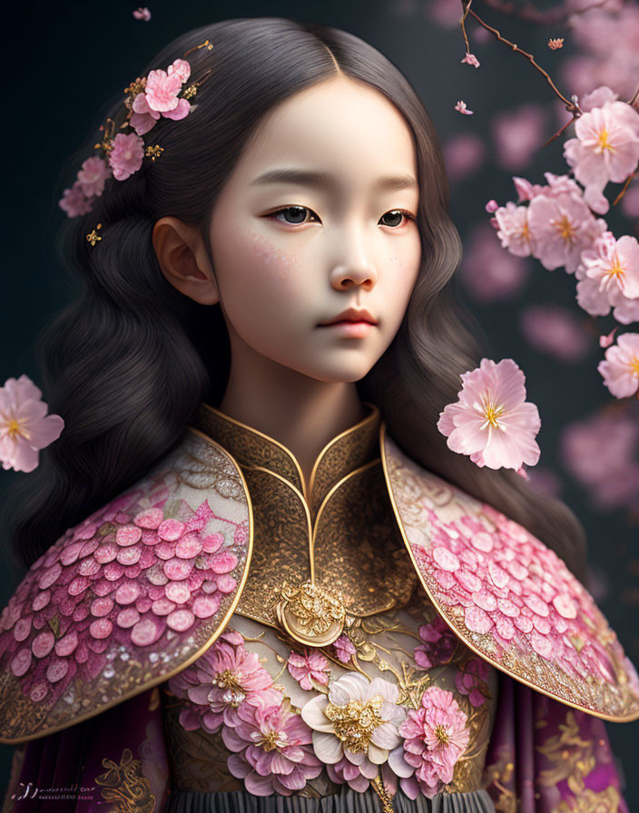 Digital Artwork: Young Girl with Dark Hair and Pink Blossoms in Traditional Outfit