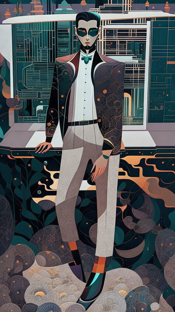 Art Deco Style Illustration of Stylish Person with Sunglasses