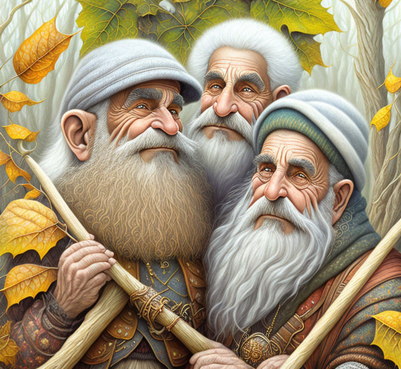 Three elderly men with beards in hats and cloaks, holding walking sticks in autumn forest.