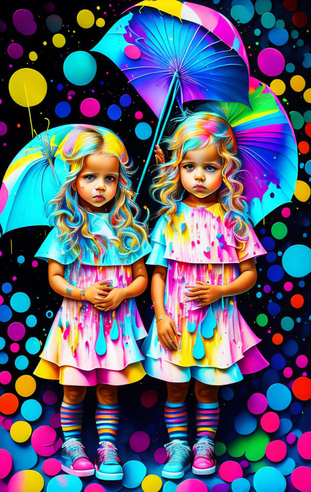 Colorful artwork: Twin girls with multicolored hair and dresses under blue umbrella