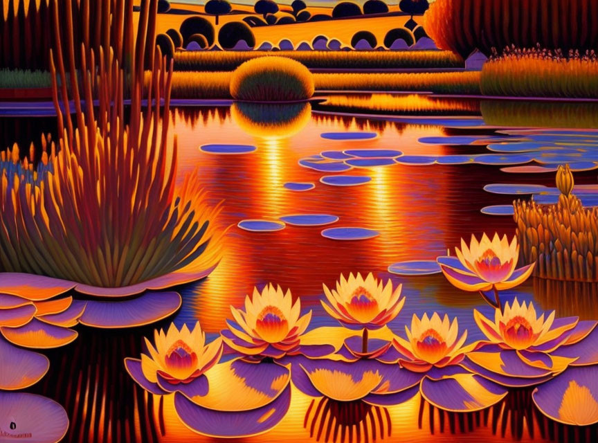 Colorful Water Lilies on Reflective Pond with Sunset Sky