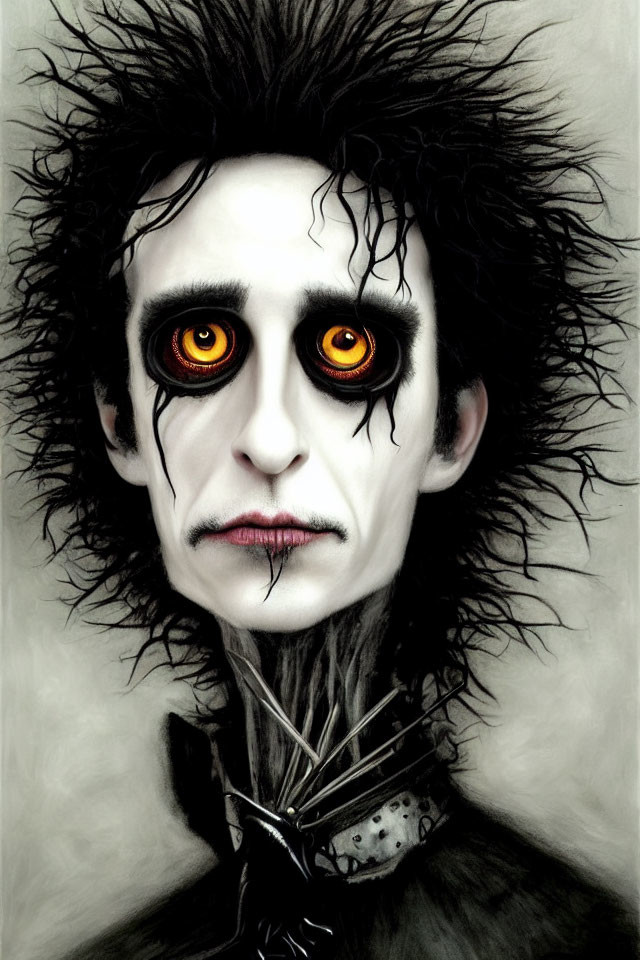 Stylized portrait of male figure with pale skin, dark eye makeup, wild black hair, striking