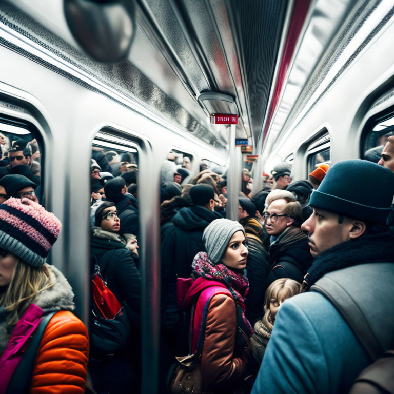 Busy subway car with passengers in winter attire standing close together