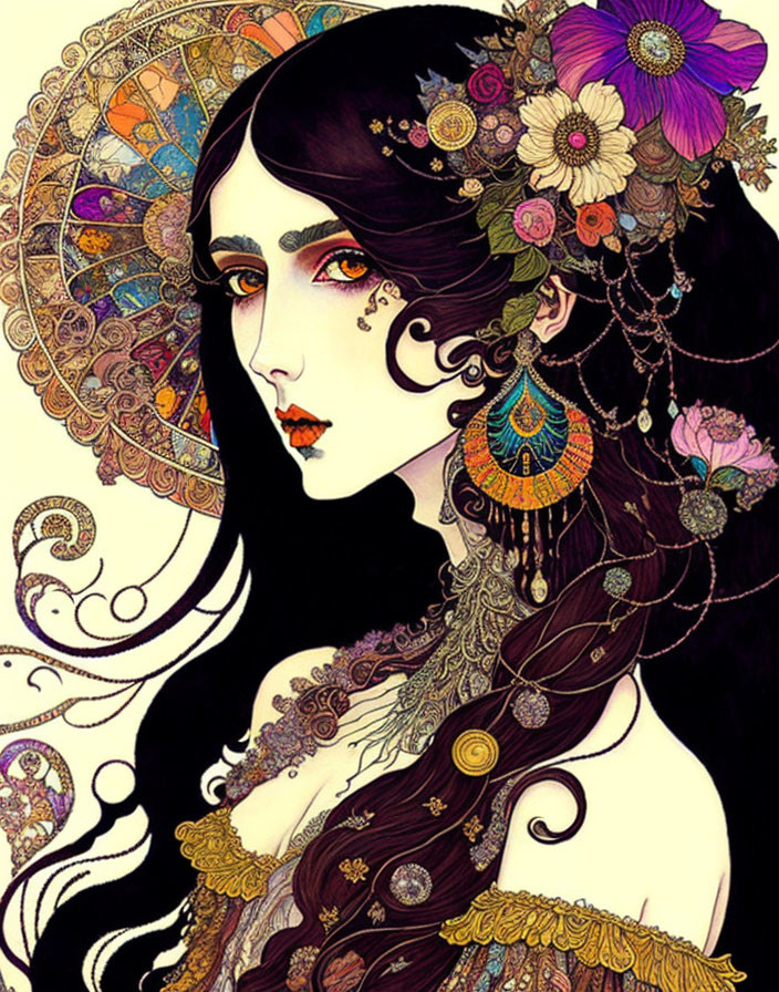 Illustrated portrait of woman with long dark hair, gold jewelry, and colorful flowers against ornate background